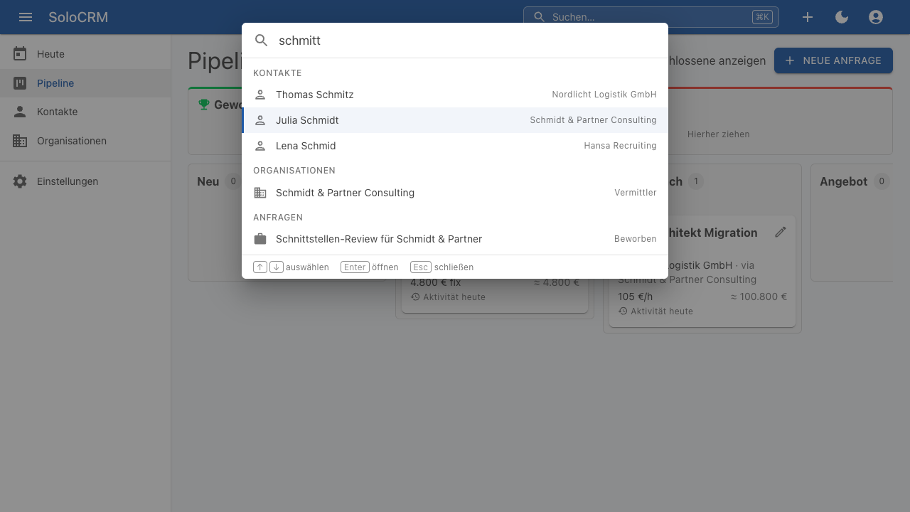 Command Palette mit tippfehlertoleranter Suche