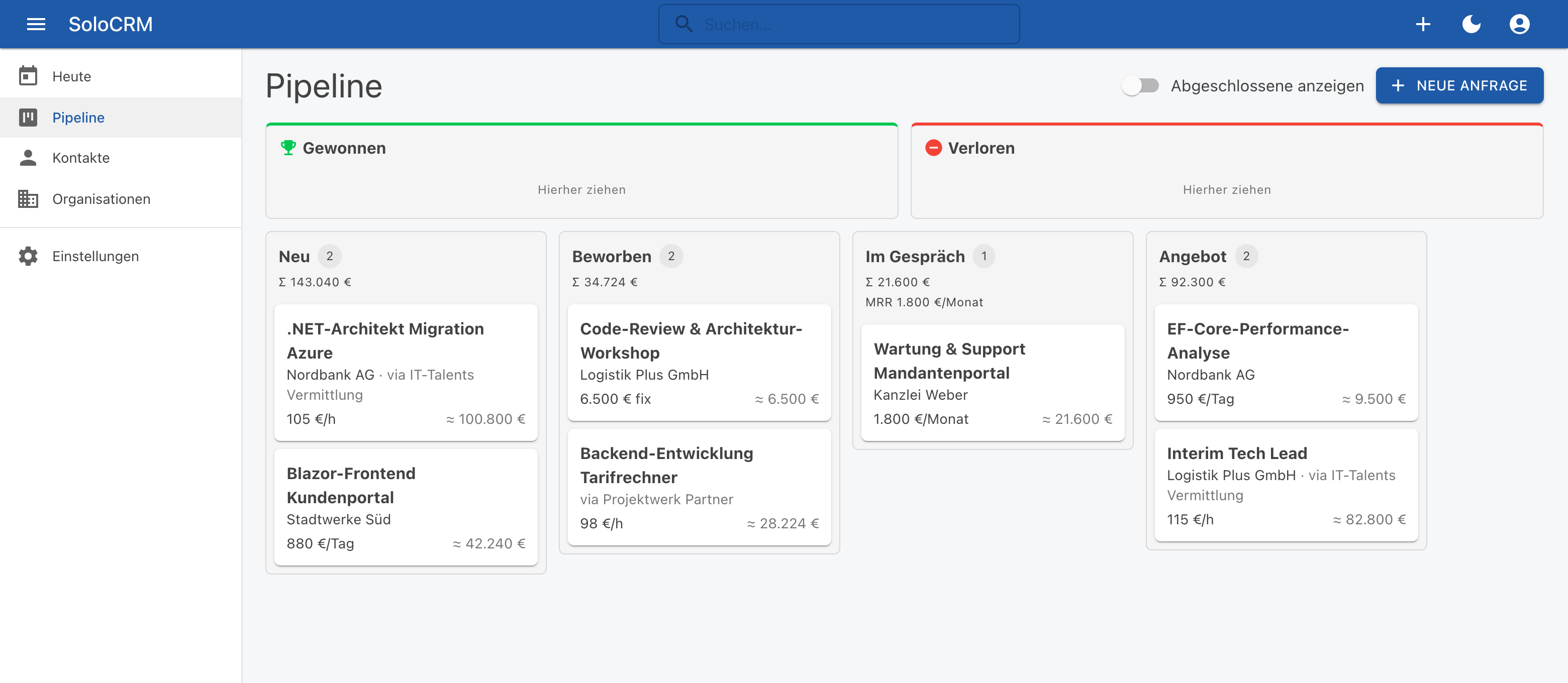 Pipeline-Board mit Drag & Drop und Summen je Phase